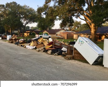 Debris From Hurricane Harvey Flooding Damage. Neighborhood Clean Up In North Hill Estates, Spring TX, A Couple Miles North Of Houston.