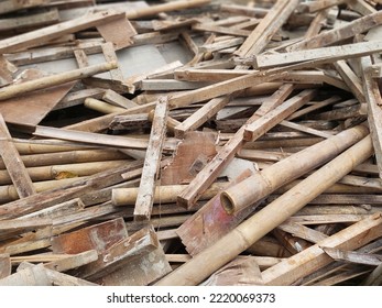 Debris Pieces Of Wood And Bamboo. Close Up Bamboo Scrap And Wood Waste.