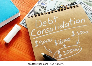 Debt consolidation title with written calculations. - Shutterstock ID 1667706898