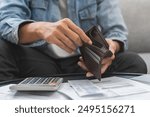 Debt financial concept, stressed problem people asian man, male hand open empty wallet not have budget of money to pay no have credit card, not able payment bill, loan or expense with bank, bankruptcy