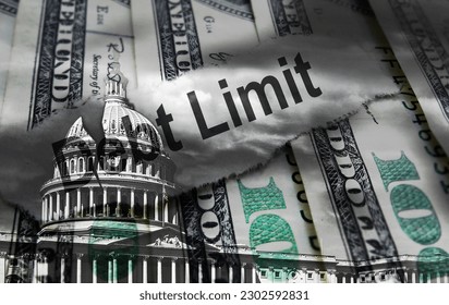 Debt Limit newspaper headline on hundred dollar bills with  cracked United States Capitol dome representing political gridlock                              - Shutterstock ID 2302592831