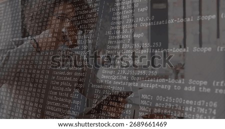 Debugging network config by professional at desk with code overlay, wearing headphones, copy space. Technology, cybersecurity, data, software, workspace, modern, innovative