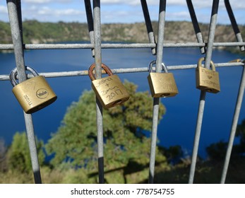 Dec 16th 2017, Love Locks On Fencing Rails At A Lookout Of Blue Lake In Mt Gambier, Symbolizing Eternal Love. The Blue Lake Is A Large Monomictic Crater Lake Located In Mt Gambier, SA Australia.