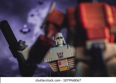 DEC 21 2020: Transformers Megatron Battling Autobot Leader Optimus Prime On Cybertron - Hasbro Action Figure