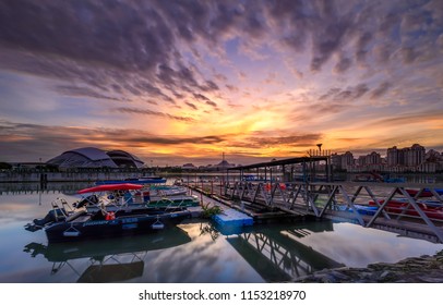 Dec 31/2016 Dawn At Empty Dock With Singapore Indoor Stadium In Background