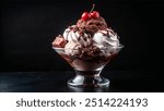 A decadent chocolate ice cream sundae with whipped cream, cherries, and chocolate sprinkles in a glass bowl.