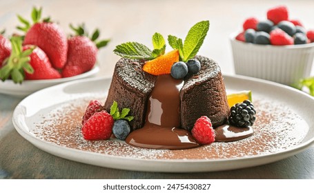 A decadent chocolate lava cake with a perfectly crisp exterior and a molten center of rich, velvety dark chocolate panache. The cake is dusted with fine cocoa powder and garnished with a handful of vi - Powered by Shutterstock