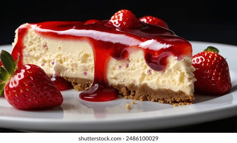 Decadent Strawberry Cheesecake Topped with Vibrant Red Strawberries - Powered by Shutterstock