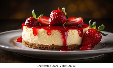 Decadent Strawberry Cheesecake Topped with Vibrant Red Strawberries - Powered by Shutterstock