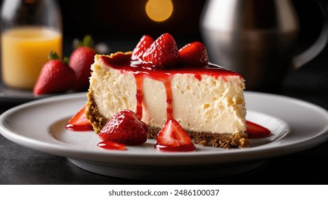 Decadent Strawberry Cheesecake Topped with Vibrant Red Strawberries - Powered by Shutterstock