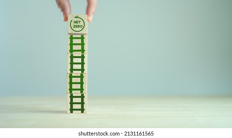 Decarbonization,  low carbon economy for sustainable development. Net zero goal and strategy concept.  rises up Stairs or ladder to goal to net zero icon on white background ,copy space, Goal in 2050 - Shutterstock ID 2131161565