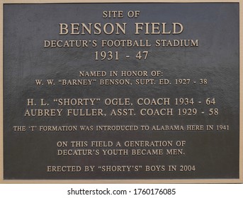  Decatur, AL / USA - 05/24/2020: Benson Field Decatur Football Stadium Dedication Sign.                             