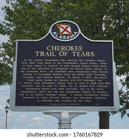  Decatur, AL / USA - 05/24/2020: Cherokee Trail Of Tears Historical Landmark Sign.                             