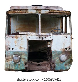 Decayed Rusty Nameless Car Van Body  For Transportation Of Agricultural Products And Bread Thrown In The Forest. Isolated On White Front View 