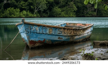 A decaying boat parked near a riverbank