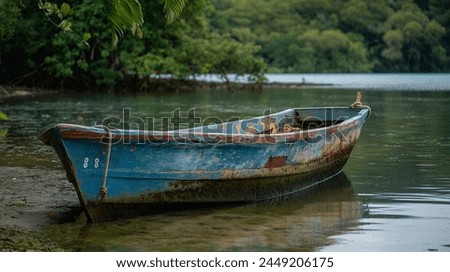 A decaying boat parked near a riverbank