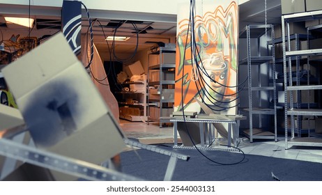 Decaying building interior wall with peeling paint and visible damage in building used by urban explorers venturing into abandoned structures. Scattered debris in location good for urbex - Powered by Shutterstock