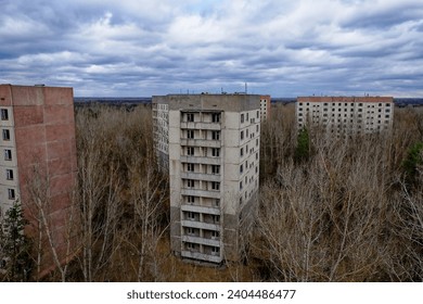 Decaying high-rises amidst wild vegetation, a scene of urban decay. - Powered by Shutterstock