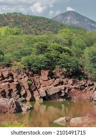 Deccan plateau of Indian subcontinent. Rocky landscape and green forest near hogenakkal in Tamil Nadu, India