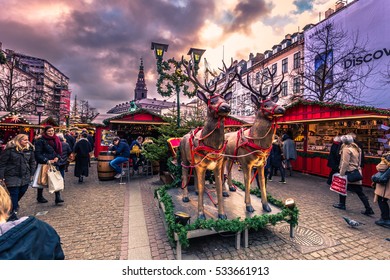 December 05, 2016: The Christmas Market In Central Copenhagen, Denmark