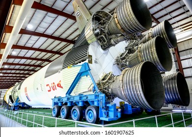 December 09, 2019 - Houston, Texas, USA: SATURN V rocket  in hangar in NASA Space Center - The Lyndon B. Johnson Space Center (JSC) in Houston, Texas. First stage engine space rocket.