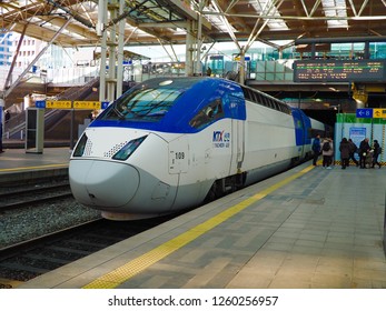 DECEMBER 10, 2018 Seoul, South Korea - Bullet head of Korea KTX high speed train at Seoul station platform.