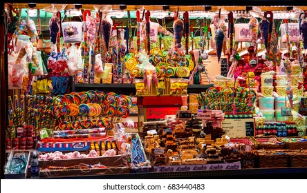 December 16, 2015,  Winter Wonderland Hyde Park London UK.  Lollipops, Candy Canes, Chocolates, Marshmallows And All Kinds Of Goodies To Stuff Your Stockings At A Candy Stand In The Festival.   