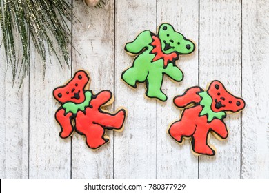 DECEMBER 16 2017 - NEW HOPE, MN: Homemade Grateful Dead Christmas Sugar Cookies - Decorated With Royal Icing In Traditional Holiday Colors. Isolated On Wood Background 