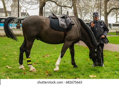 December 19, 2015. Derby Gate, London. A Friendly Mounted Police Officer Grazing His Horse And Chatting With Passers-by.