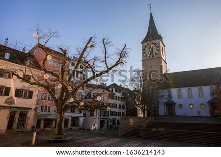 December 19th, 2019-Zurich, Switzerland. St. Peter Church Evangelical-Reformed Church of the Canton of Zurich member of the Federation of Swiss Protestant Churches as seen from St.Peterhofstatt plaza.