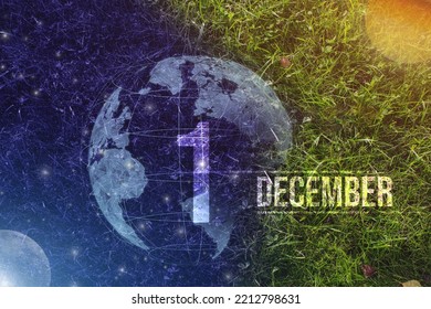 December 1st . Day 1 Of Month, Calendar Date. Day To Night Background Concept. Scene With Globe The Green Grass With Sun, Stars, Moon And Calendar Date.   Winter Month, Day Of The Year Concept