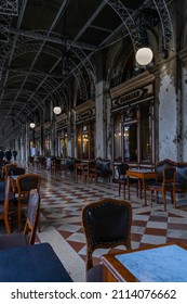 December 2, 2021 - Venice, Italy: Outdoor Terrace Of Caffè Florian In Portico At San Marco Square On A Winter Day.