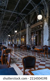 December 2, 2021 - Venice, Italy: Outdoor Terrace Of Caffè Florian In Portico At San Marco Square On A Winter Day.