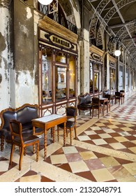 December 2, 2021 - Venice, Italy: Outdoor Terrace Of Caffè Florian In Portico At San Marco Square On A Winter Day.