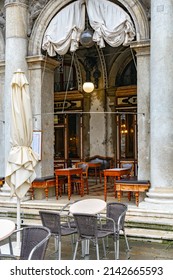 December 2, 2021 - Venice, Italy: Outdoor Terrace Of Caffè Florian In Portico At San Marco Square On A Winter Day.