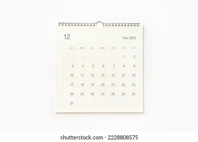 December 2023 calendar page on white background. Calendar background for reminder, business planning, appointment meeting and event. - Shutterstock ID 2228808575
