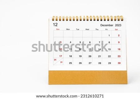 December 2023 Monthly desk calendar for 2023 year isolated on white background.