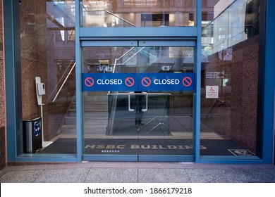 December 2,2020 Vancouver British Columbia Canada Closed Sign On Glass Doors Of HSBC Bank Building