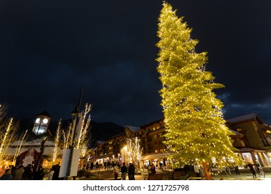 December 25, 2018 South Lake Tahoe / CA / USA - Night View Of The Heavenly Gondola Area Decorated For The Christmas Holidays 