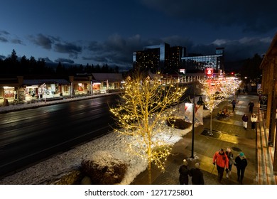 December 25, 2018 South Lake Tahoe / CA / USA - Night View Of The Main Street Decorated For The Christmas Holidays