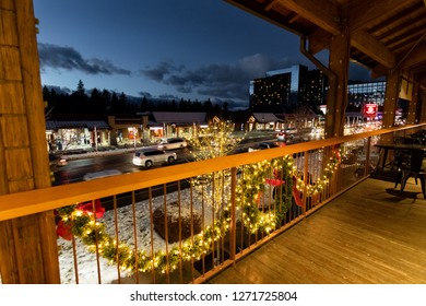 December 25, 2018 South Lake Tahoe / CA / USA - Night View Of The Main Street Decorated For The Christmas Holidays