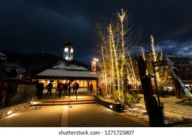 December 25, 2018 South Lake Tahoe / CA / USA - Night View Of The Heavenly Gondola Area Decorated For The Christmas Holidays 