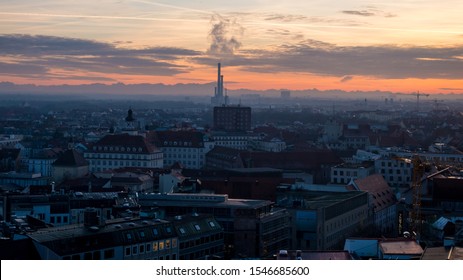 December 27, 2018 - Munich, Germany. Munich Center Cityscape Night Panoramic Aerial View. Skyline Panorama Captured From Height Of Lookout Viewing Platform On New Town Hall.