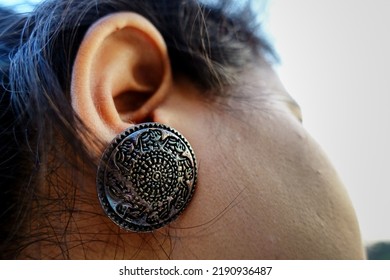 December 2nd 2020 Delhi India. A Close Up Shot Of A Big Vintage Earrings Worn By A Young Indian Woman.