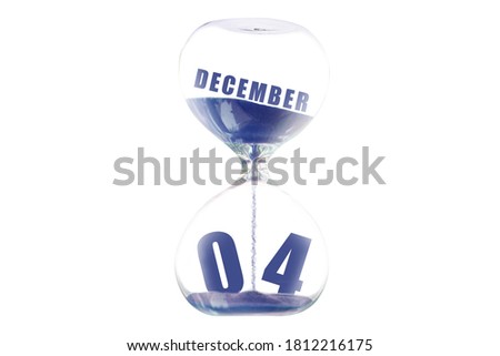 december 4th. Day 4 of month, Hour glass and calendar concept. Sand glass on white background with calendar month and date. schedule and deadline winter month, day of the year concept.