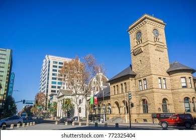 December 6, 2017 San Jose / CA / USA - Urban Landscape In Downtown San Jose At The Entrance In Plaza De Cesar Chavez, Silicon Valley, South San Francisco Bay, California