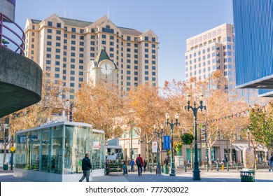 December 6, 2017 San Jose / CA / USA - Pedestrian Area In Downtown San Jose, South San Francisco Bay Area