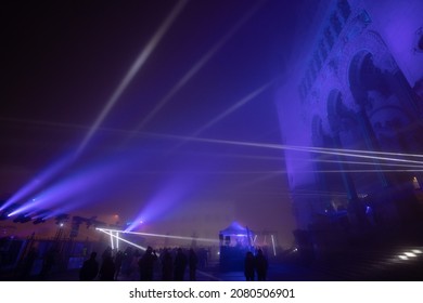 December 6, 2019, Lyon, France, festival of lights. The Basilica of Notre Dame de Fourvière in the spotlight