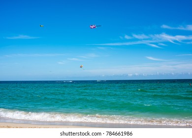 December 7, 2017: Miami Beach, Florida: South Point Miami Beach With An Advertisement For Lyft From An Airplane Banner.  Lyft Is A Ride Sharing Service.