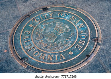 December 7, 2017 San Jose / California / USA: Close up of a City of San Jose Manhole Cover on the sidewalk in the downtown area